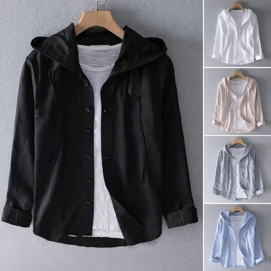 Men Summer Shirt Sun Anti UV Long Sleeve Hooded Drawstring Single breasted Soft Loose Breathable Cardigan Coat Top