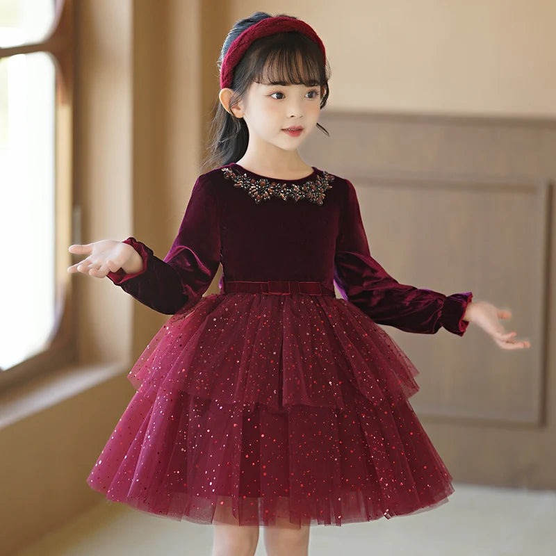 Girls' Autumn/Winter fleece dresses wine red elegant mesh shaggy dress Christmas Long Sleeve Gown