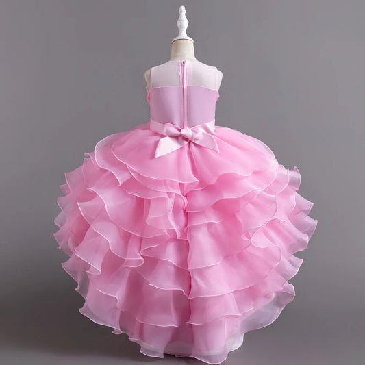 Girls Party Dress with Train, Puffy Cake Dress for Birthday & Flower Girl, Elegant Princess Gown for Host & Special Events