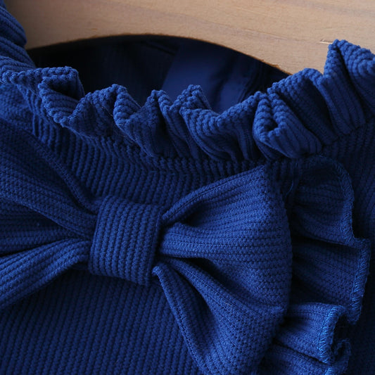 Winter New Girls' Dress Lace Pleated Bow Solid Color Two-Piece Long-Sleeved Dress + Cap Puffed Sleeve Lace Neckline