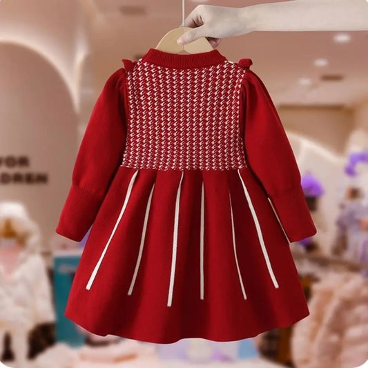 Girls' Dress Winter New Style Western Dress Children's Autumn and Winter Princess Dress Baby New Year Red Knitted Dress