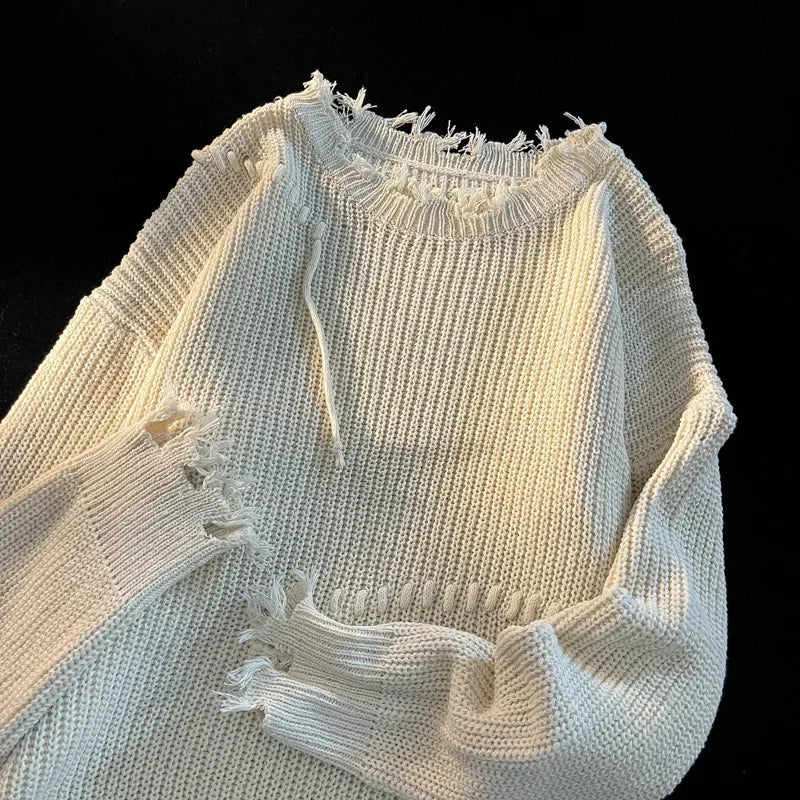 Fashion Niche Knitted Sweaters Autumn Winter Ripped O-neck Causal Loose High Street Knitted Sweater Men Pullovers Male Clothes