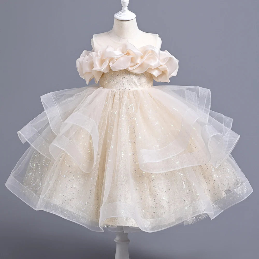 New Girl's Wedding Evening Dress Petal Sequin Mesh Sleeveless Dress Birthday Party School Graduation Party Dress