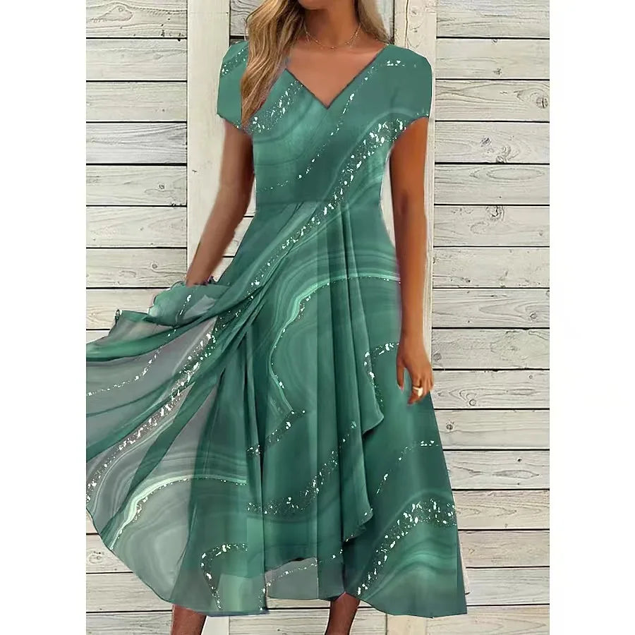 Women Summer New Dress Casual Fashion Chiffon Splicing Short Sleeve V Neck High Waist Dress