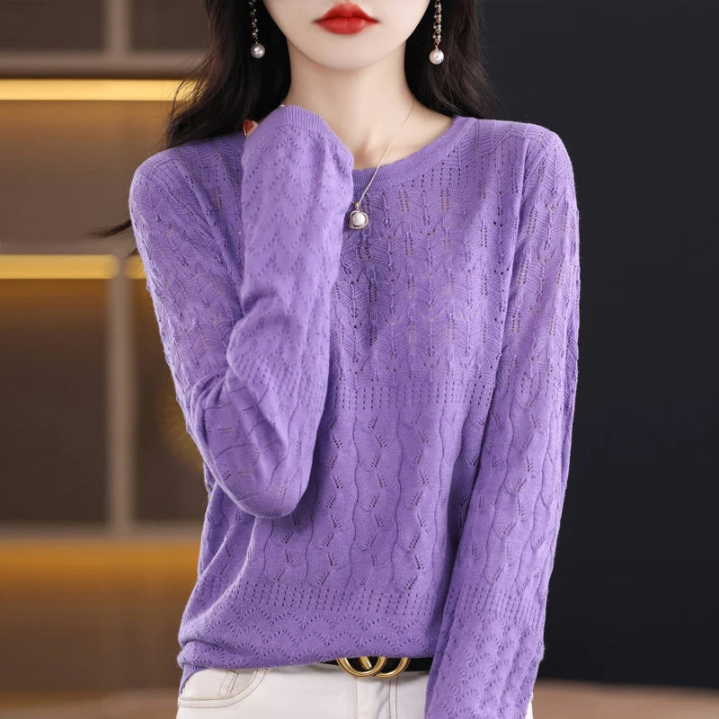 Worsted Wool Sweater Women's Spring 2023 New Western-Style Solid Color Round Neck Top With Long Sleeve Bottom Hollowed-Out Thin