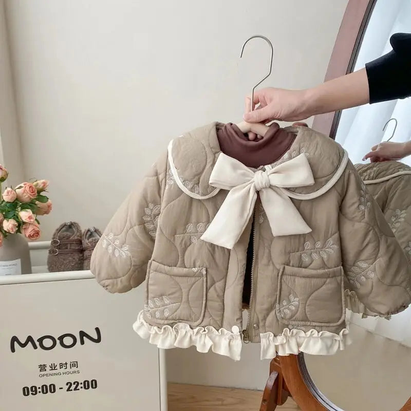 Winter Girls Coat Kids Baby Parkas Cotton Padded Plus Velvet Thickened Warm Children's Coat Solid Girls Embroidery Jacket