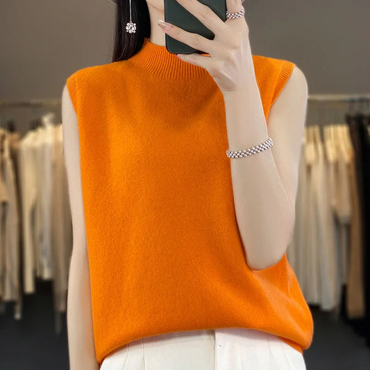 2024 Cashmere Vest Women's 100% Merino Wool Pullover Indoor Sleeveless Sweater Half-turtleneck Office Tops Waistcoat