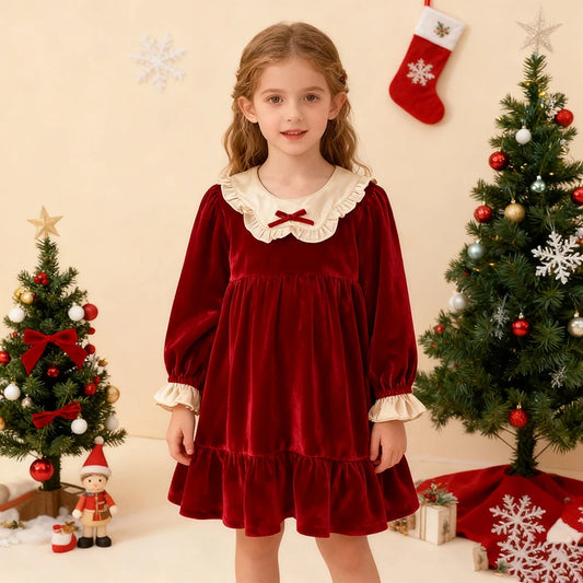 Christmas New Baby Girls Dress Winter Velvet Clothes Kid Girl Party Dress Red Bow Kids Clothing Princess Children Dresses Girls