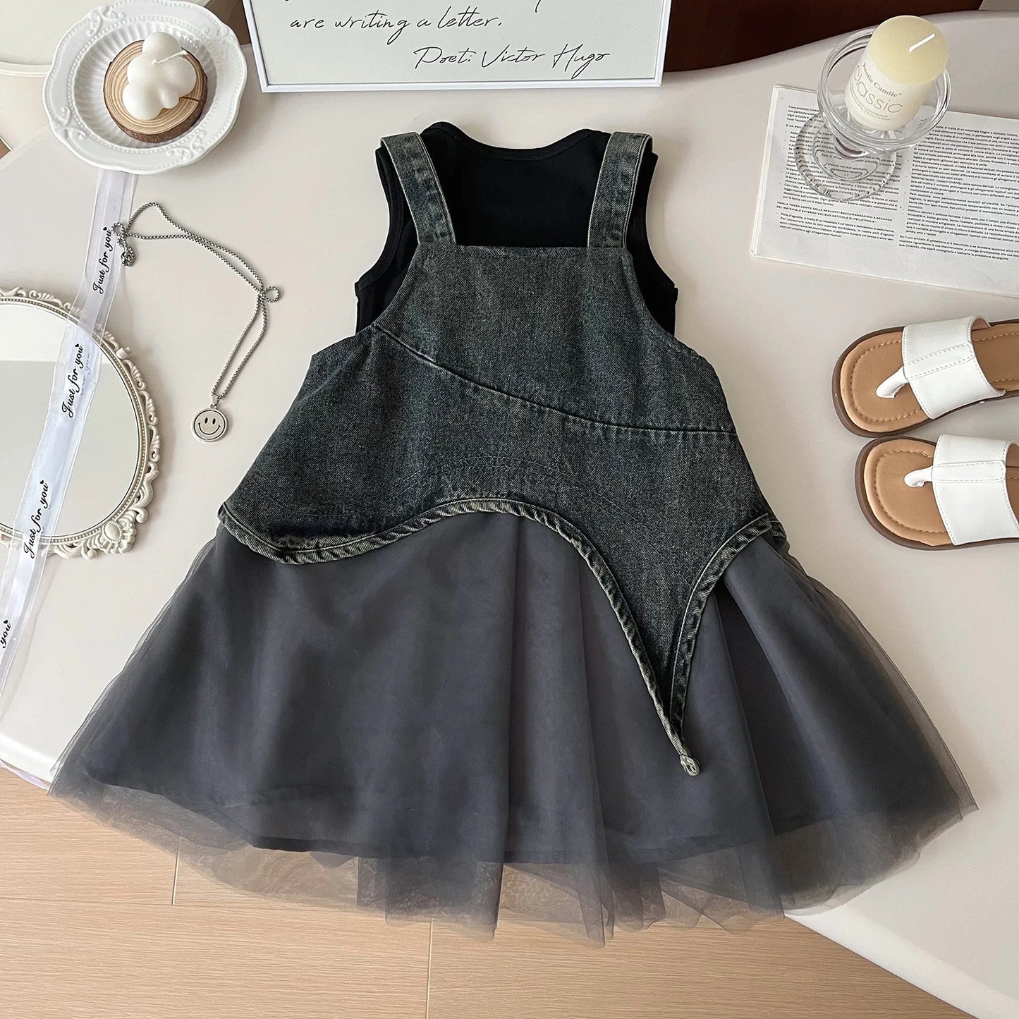 Girls Summer Dress 2025 New Summer Strap Dress Children Princess Denim Fashion Yarn Patchwork Dress