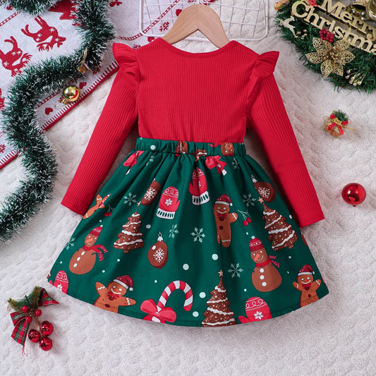 Kids Christmas Dress for Girls Clothes Autumn Winter 2024 New Child Cute Cartoon Print Long Sleeve Princess Dress Casual 2-8Y