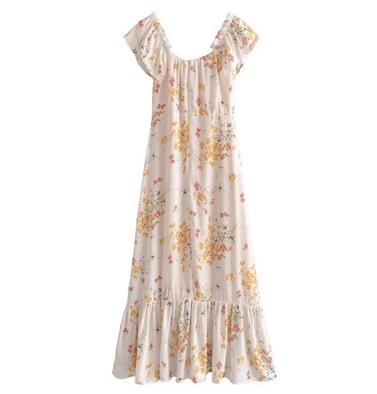 Summer Retro Elegant Elastic off Shoulder Long Dresses France Beige Floral Print Vintage Back Zipper Women Summer Dress