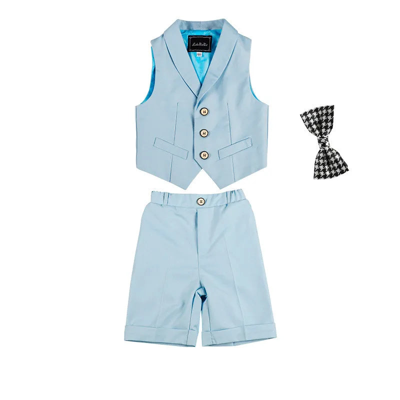 Boys Summer Vest Shirt Shorts Formal Dress Kids Candy Color Waistcoat Wedding Clothes Sets Child Uniforms Toddler Tuxedo Costume