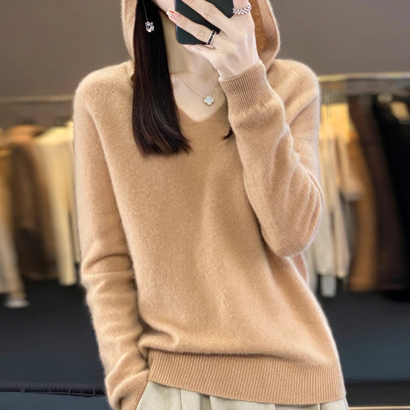 2024 100% Merino Pure Wool V-neck Hoodie Autumn/Winter Hoodie New Cashmere Sweater Women's Casual Knitted Top DMR207