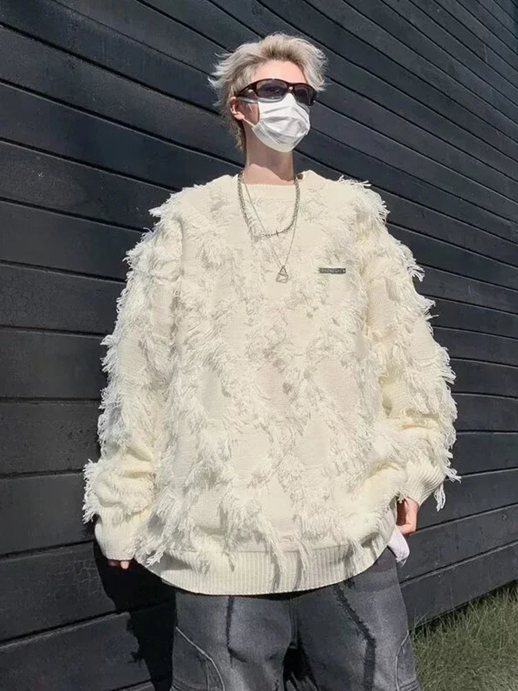 Winter Men's Ripped Fringe Raw Edge Sweater Hip Hop Fashion Knitwear Pullovers Y2K Vintage Streetwear Knitted Jersey Clothes