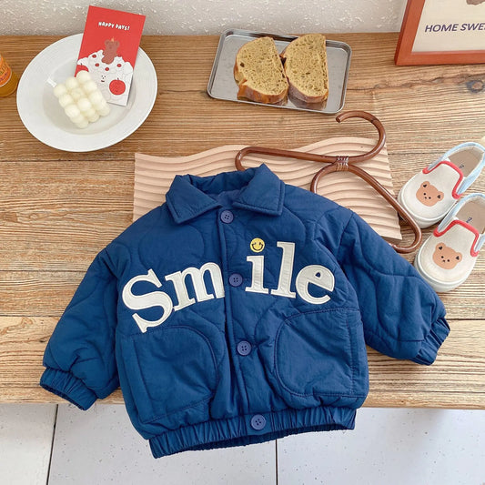 Winter Children's Clothing Baby Boys Smile Jacket Coats Kids Cotton Clothes Toddler Girls Lapel Outerwear Embroidery Tops 0-6Yrs