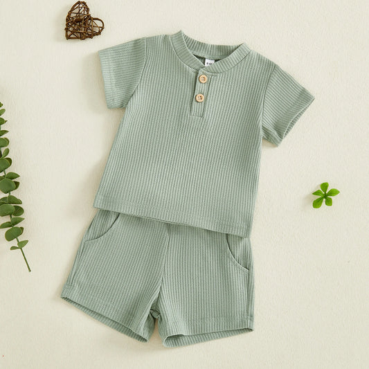 Toddler Baby Boys Summer Clothing Sets Solid Color Short Sleeve O-neck Button Waffle T-shirts Tops with Shorts 2ocs Outfits