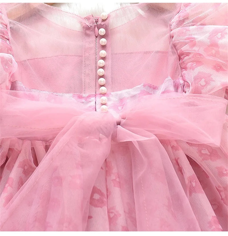 Summer Dress For Girls Children's Clothing Pink Floral Puff Sleeve Dress Baby Chiffon Princess Dress For Daily Holiday Dresses