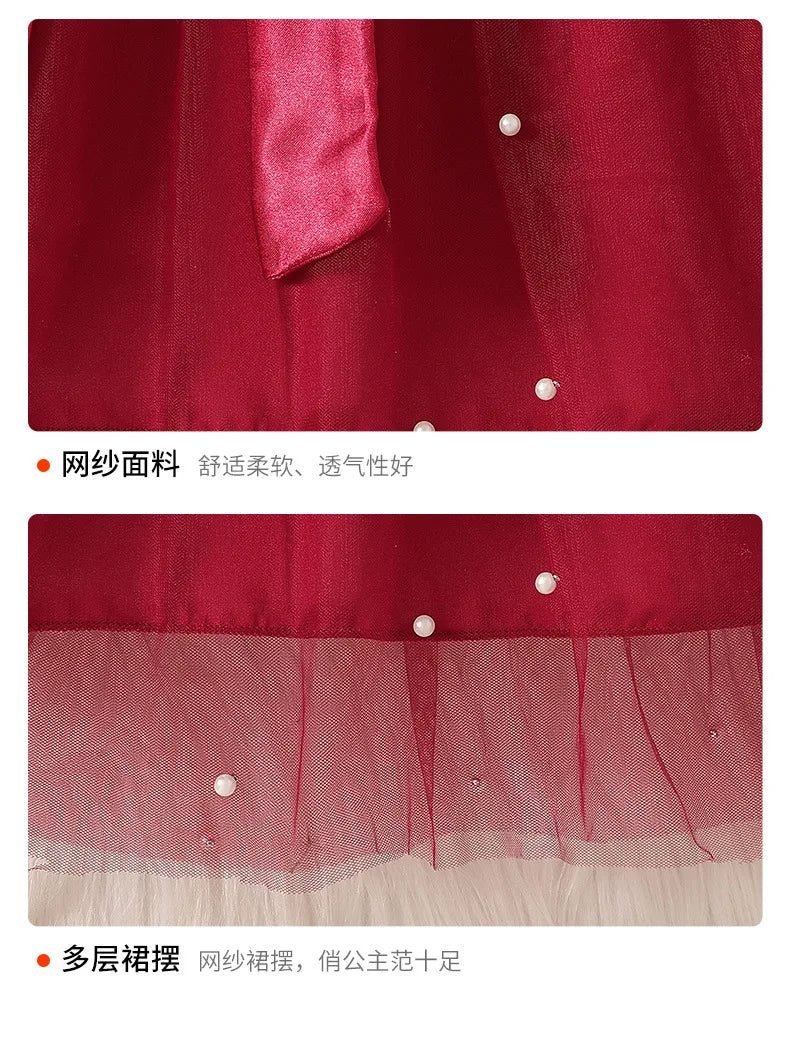 2025 Autumn Winter Girls' Christmas Party Dress with Bow, Elegant Princess Gown for Holiday Pageant & Formal Events