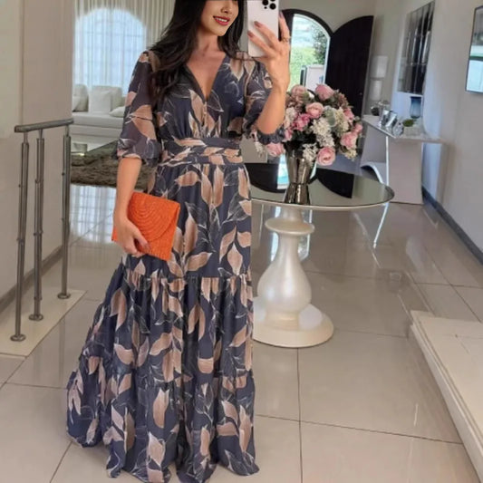 Summer Women Dresses Floral Print Ruffles Boho V-neck Short Sleeve Casual Loose Beach Dress Elegant Holiday Maxi Long Dress Robe