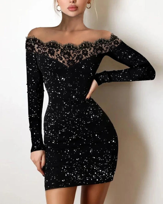Women's Dresses 2022 Summer Fashion Sexy Off Shoulder Contrast Lace Glitter Plain Skinny Party Mini Long Sleeve Dress