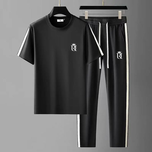 Summer Men's Casual Sportswear Set, Summer Fashion 2-Piece co ord set With Short Sleeve T-Shirt & Side Stripe Pants