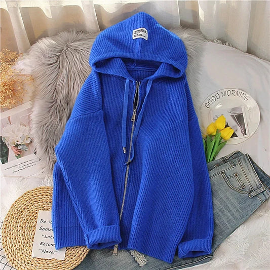 Women Cardigan Sweater Coat Hooded Fashion Solid color Sweater Female zipper Knitted Spring Autumn Oversize Sweater Overcoat