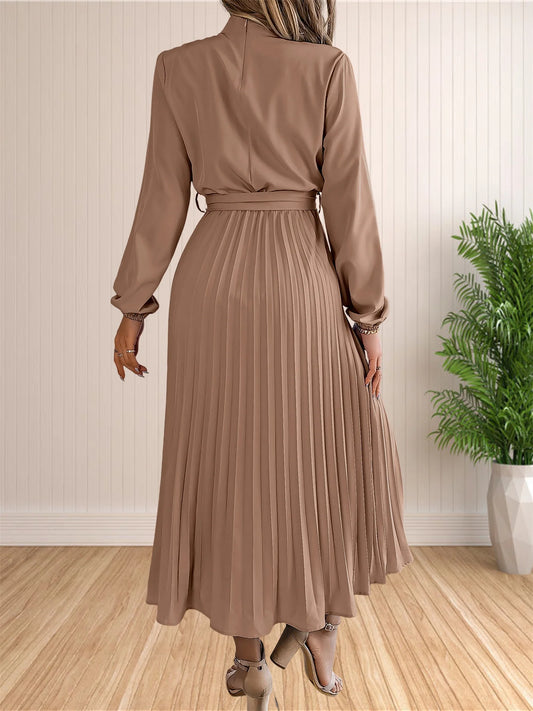 Women's Long Dresses Summer Elegant Pleated Long Sleeveed Lace Up Dresses Beach Boho Wrap Ruffle Hem Swing Sundress