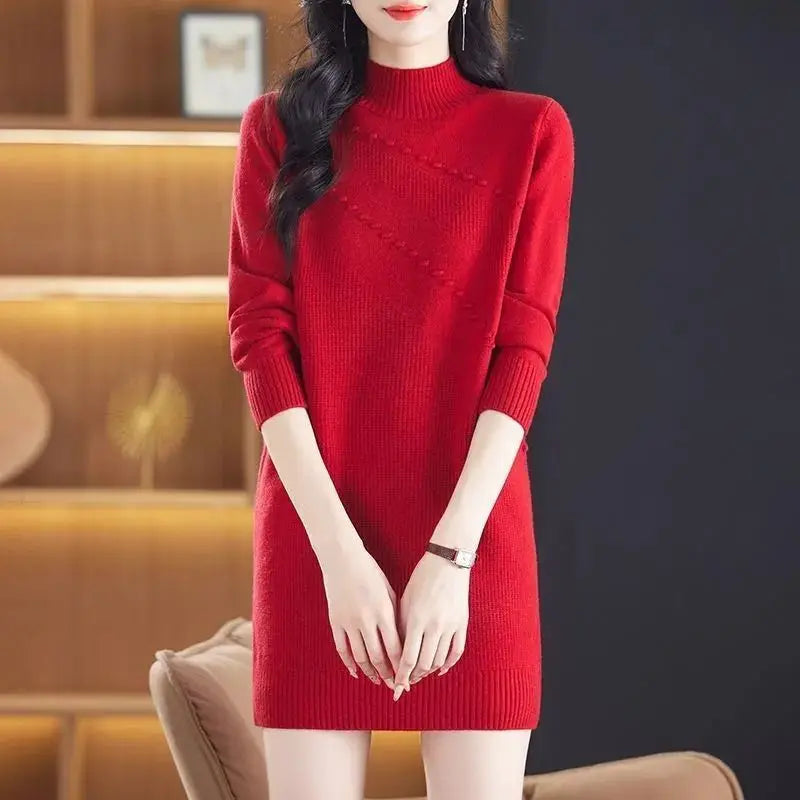 New Vintage Autumn Women's Clothing Half Turtleneck Warm Winter Sweater Dress Long Sleeve Pollovers Top Female Knitwear Jumper