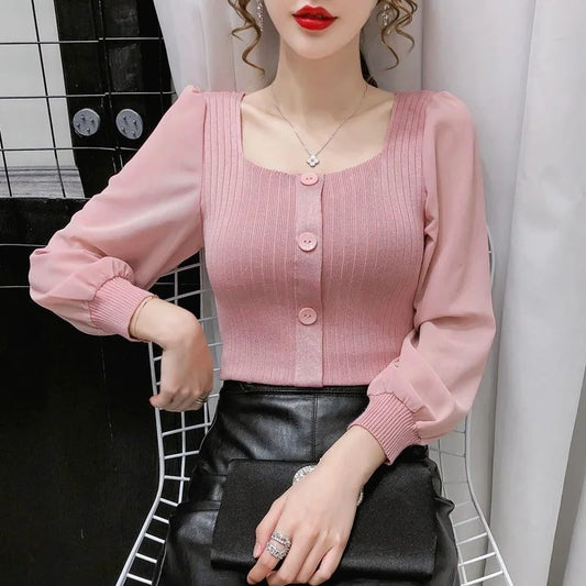Women Spring Autumn Style Pulloverr Sweaters Lady Casual Long Sleeve Square Collar Knitted Patchwork Pullover Tops WY1022