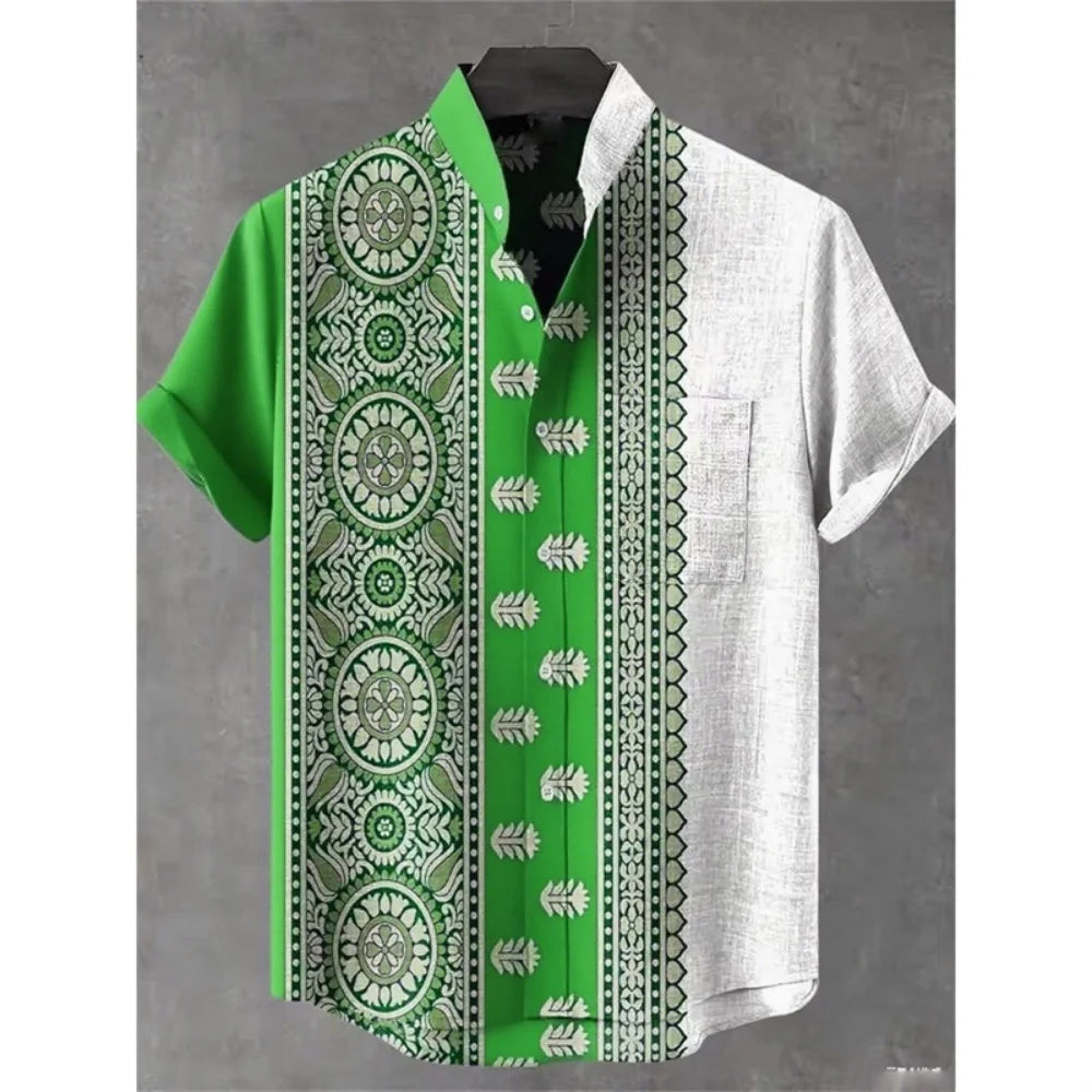 Men's summer shirt, fashionable stand up collar short sleeved cardigan, ethnic tribal printed pocket, linen breathable men's top