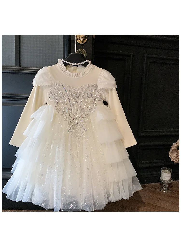 Girls' Winter Dress Light Luxury High End Birthday Banquet Performance Flower Girl Sleeve Thickened Skirt Plush Princess Dress
