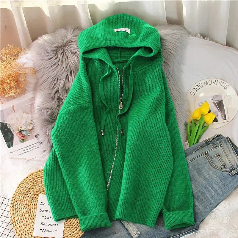 Women Cardigan Sweater Coat Hooded Fashion Solid color Sweater Female zipper Knitted Spring Autumn Oversize Sweater Overcoat