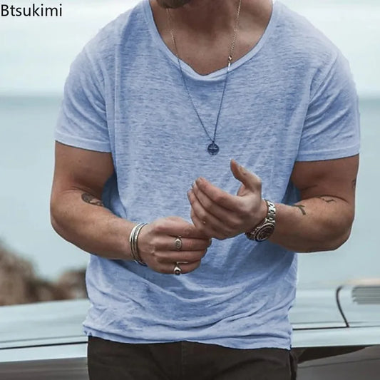 Summer Fashion Men Clothing Loose Casual Short Sleeve O-neck T-shirts Solid Color Simple Basic Pullover Male Vintage Thin Tees