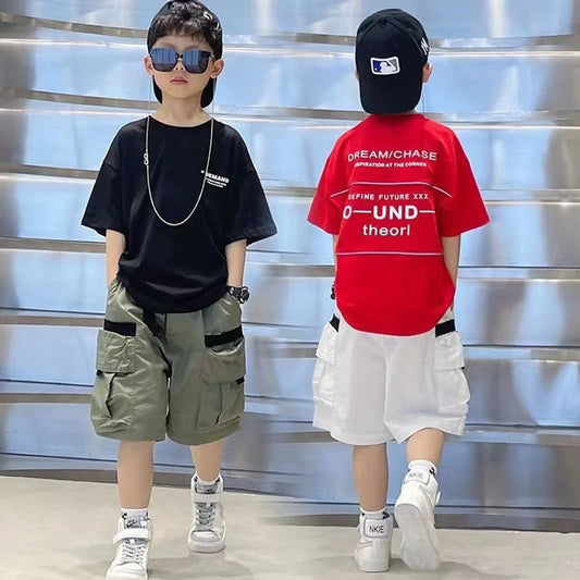Boys Summer Set 2024 New Western Style Summer Children's Korean Loose Short Sleeved Workwear Two Piece Set Trendy