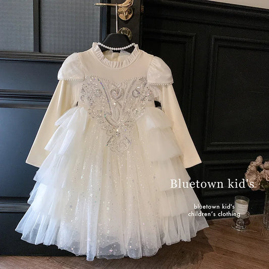 Girls' Winter Dress Light Luxury High End Birthday Banquet Performance Flower Girl Sleeve Thickened Skirt Plush Princess Dress