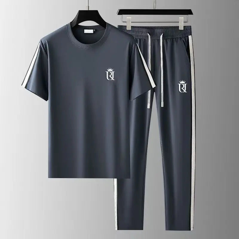 Summer Men's Casual Sportswear Set, Summer Fashion 2-Piece co ord set With Short Sleeve T-Shirt & Side Stripe Pants