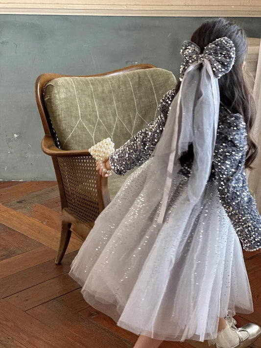 Winter Baby Girls Sequin Work Fleece Lined 4-Layer Mesh Zip Back Dresses with Head Veil Kids Outfit Children Sweet Skirt 2-8 Yr