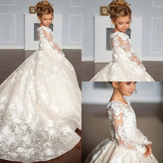 White Flower Girl Dresses for Wedding Floral Lace Appliques Floor Length Princess Kids Birthday Party Communion Party Gown