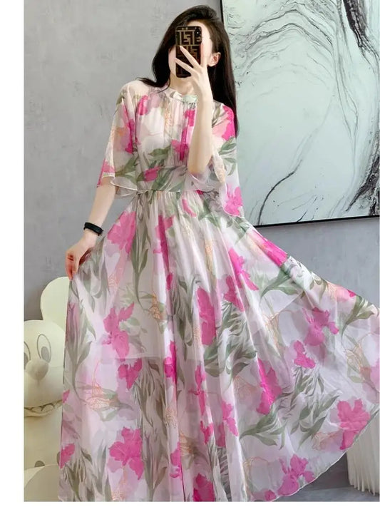 Summer Holiday Floral Dress Women Beach Flower Print Flare Sleeve Back Bow Lace Up High Waist Draped Chiffon Party Long Vestidos