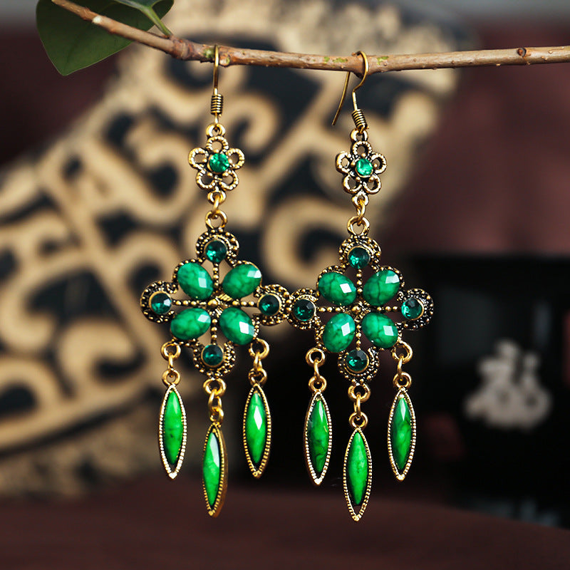 New Retro Ethnic Style Accessories Diamond Hole Blue Long Fringe Earrings Women