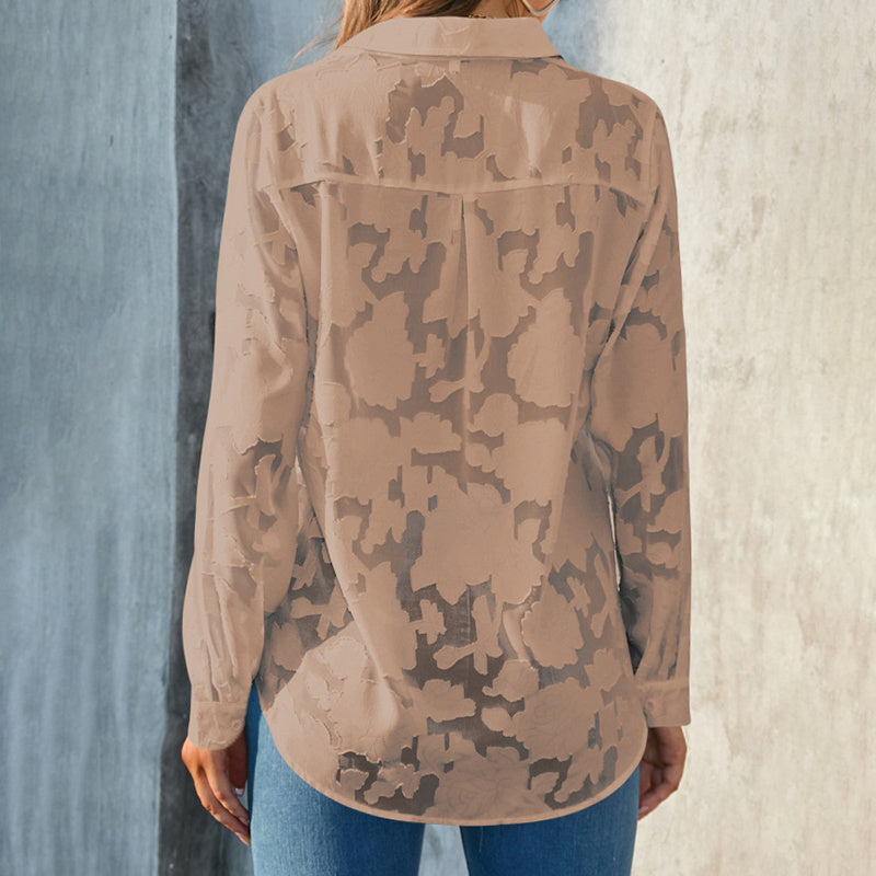 Womens Casual Sheer Button Down Shirts Long Sleeve V Neck Jacquard Blouses Tops