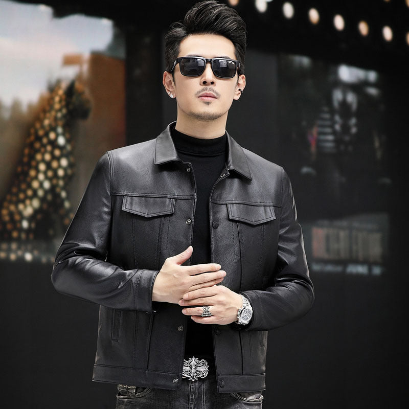 Men's First Layer Cowhide Spring And Autumn New Polo Collar Leather Jacket