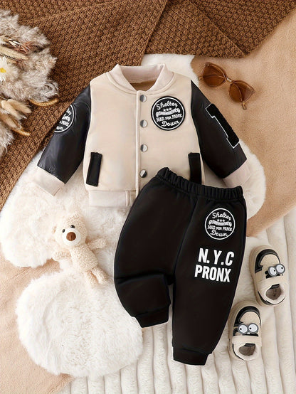 Long Sleeve Boys' Winter Two-Piece Set, Cotton And Polyester Blend Knit Sweater And Pants, Casual Outfit With Alphabet Pattern, Machine Washable, Outdoor Cloth