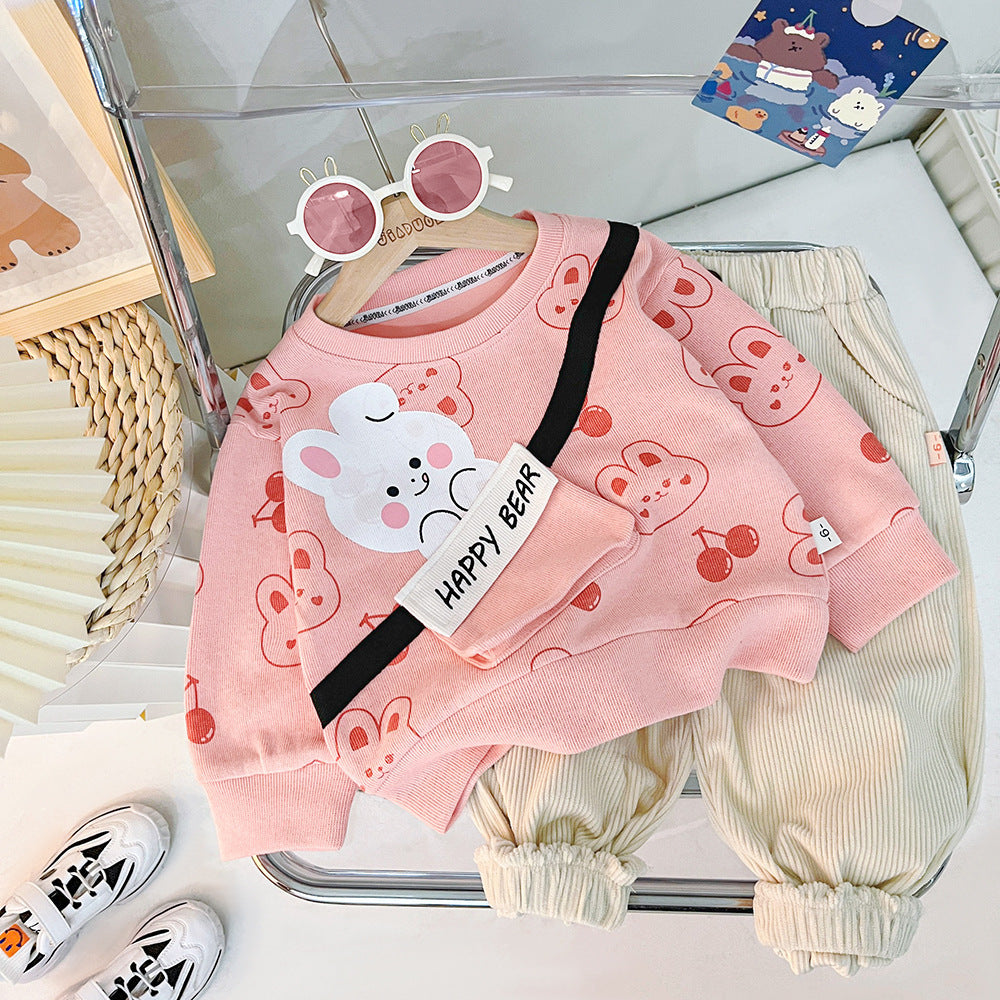 Printed Cartoon Round Neck Long-sleeve Suit Baby Casual Trousers Two-piece Suit