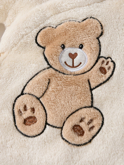 Cozy Boys' Winter Bear Print Hooded Onesie - Warm, Soft Polyester, Long Sleeve, Machine Washable, Casual Style, Bear Decor, Perfect for Outdoor