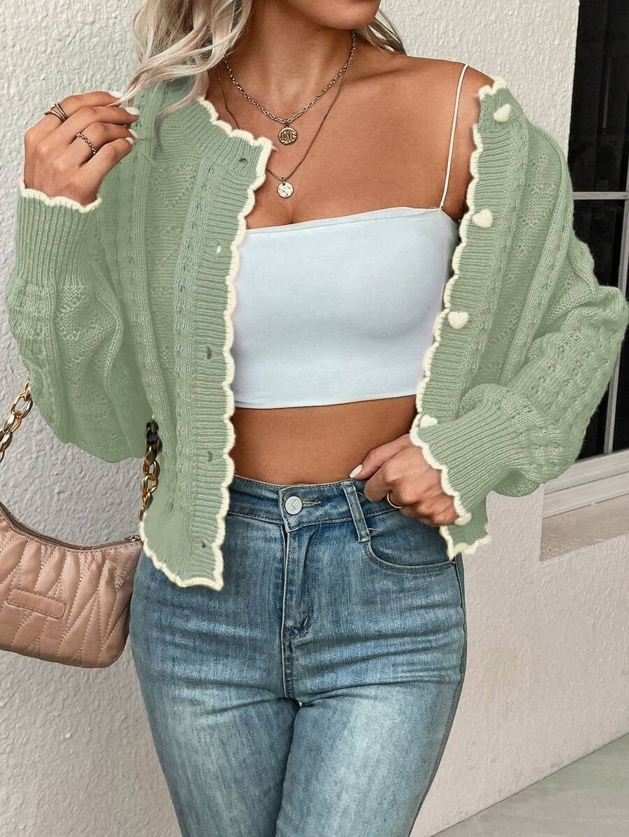 Elegant Contrast Color Lace Heart-shaped Button Knitted Cardigan Coat