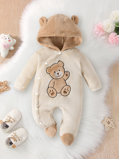 Cozy Boys' Winter Bear Print Hooded Onesie - Warm, Soft Polyester, Long Sleeve, Machine Washable, Casual Style, Bear Decor, Perfect for Outdoor