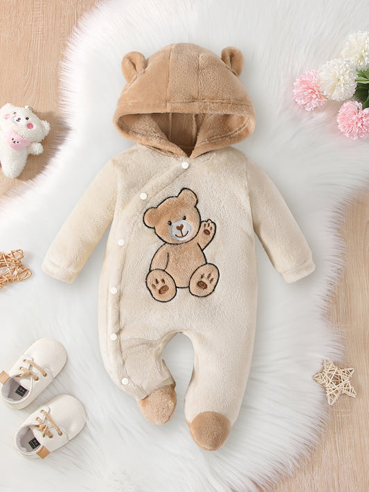 Cozy Boys' Winter Bear Print Hooded Onesie - Warm, Soft Polyester, Long Sleeve, Machine Washable, Casual Style, Bear Decor, Perfect for Outdoor