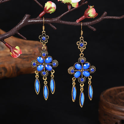 New Retro Ethnic Style Accessories Diamond Hole Blue Long Fringe Earrings Women