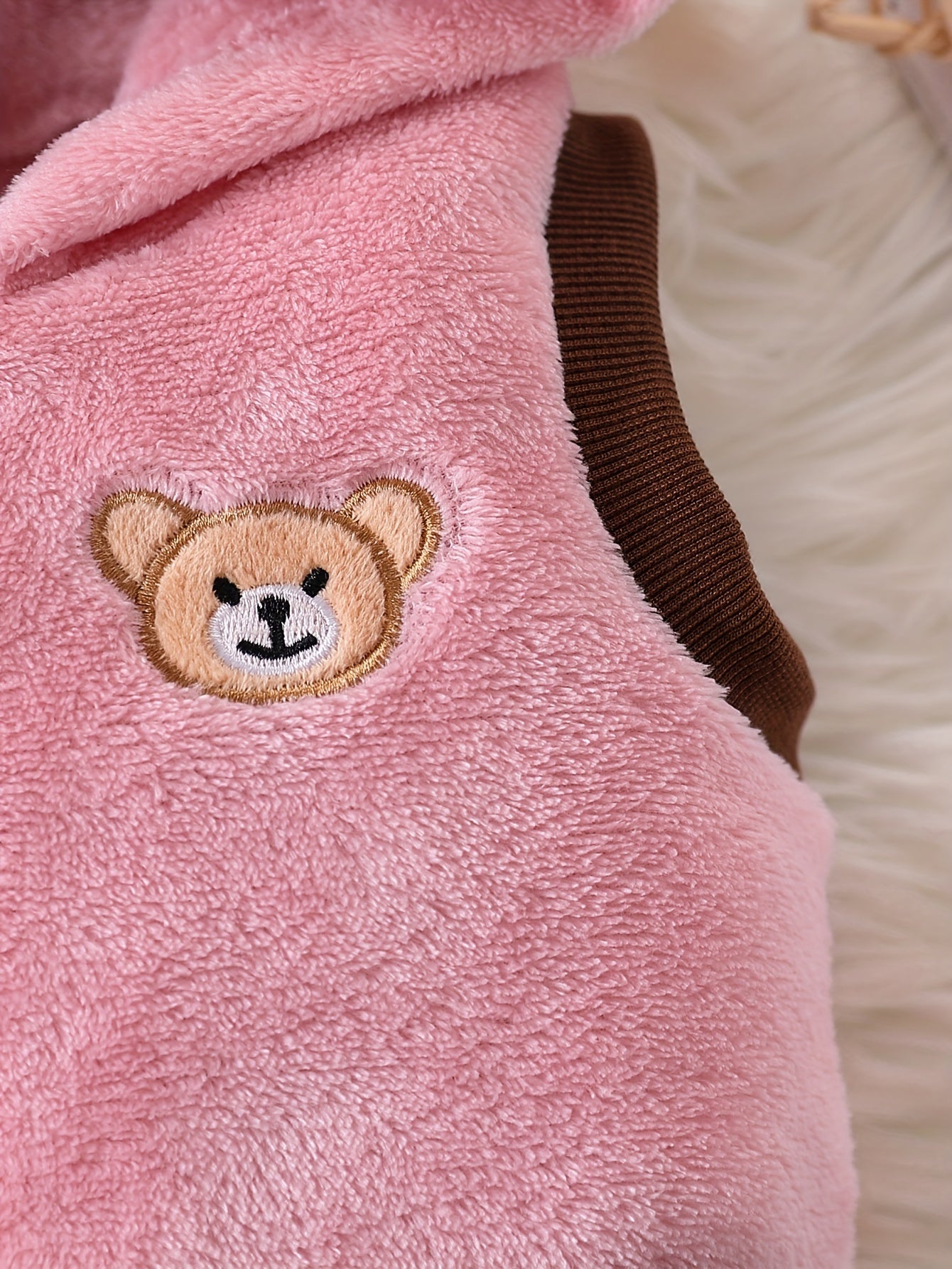 Cozy Boys' 3pcs Winter Set: Cute Panda Embroidered Plush Hooded Jacket & Matching Pants with Bear Doll Detail - Machine Washable, Polyester, Pink, Boys Winter Clothing|Matching Pants Set|Plush Polyester Fabric, Perfect for Ou